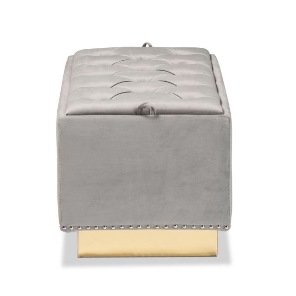 Powell Glam and Luxe Grey Velvet Fabric Upholstered and Gold PU Leather Storage Ottoman