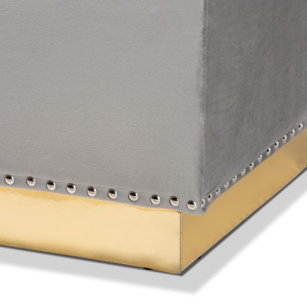 Powell Glam and Luxe Grey Velvet Fabric Upholstered and Gold PU Leather Storage Ottoman