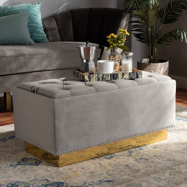 Powell Glam and Luxe Grey Velvet Fabric Upholstered and Gold PU Leather Storage Ottoman
