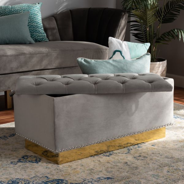 Powell Glam and Luxe Grey Velvet Fabric Upholstered and Gold PU Leather Storage Ottoman