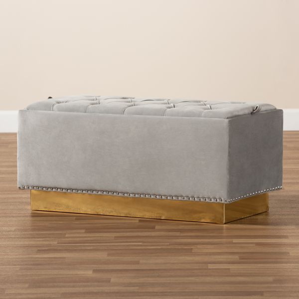 Powell Glam and Luxe Grey Velvet Fabric Upholstered and Gold PU Leather Storage Ottoman