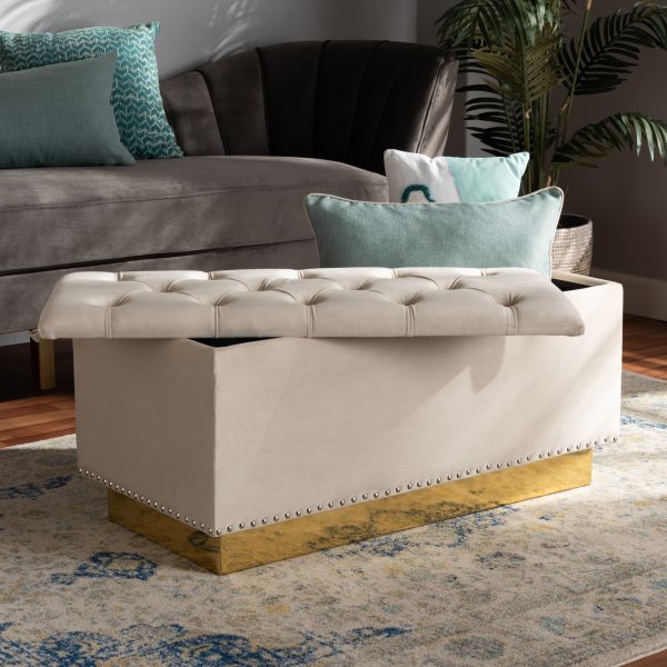 Powell Glam and Luxe Beige Velvet Fabric Upholstered and Gold PU Leather Storage Ottoman