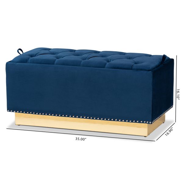Powell Glam and Luxe Navy Blue Velvet Fabric Upholstered and Gold PU Leather Storage Ottoman