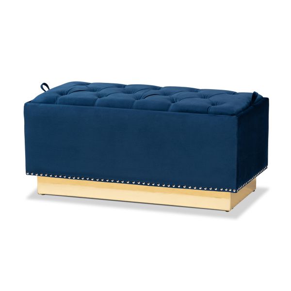 Powell Glam and Luxe Navy Blue Velvet Fabric Upholstered and Gold PU Leather Storage Ottoman