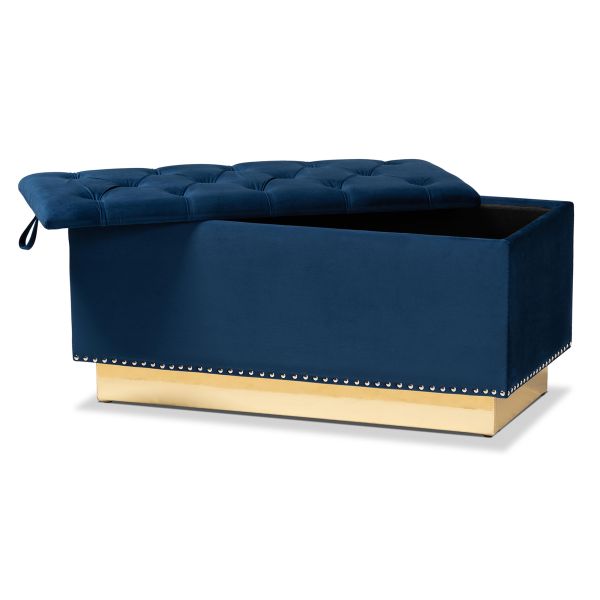 Powell Glam and Luxe Navy Blue Velvet Fabric Upholstered and Gold PU Leather Storage Ottoman