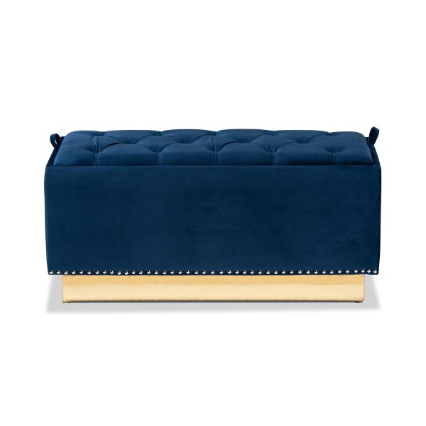 Powell Glam and Luxe Navy Blue Velvet Fabric Upholstered and Gold PU Leather Storage Ottoman