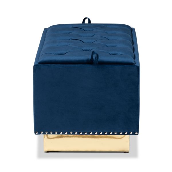 Powell Glam and Luxe Navy Blue Velvet Fabric Upholstered and Gold PU Leather Storage Ottoman