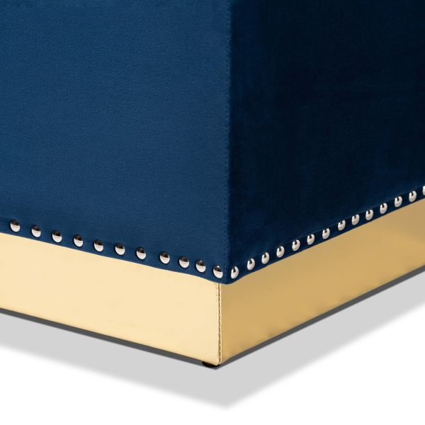 Powell Glam and Luxe Navy Blue Velvet Fabric Upholstered and Gold PU Leather Storage Ottoman