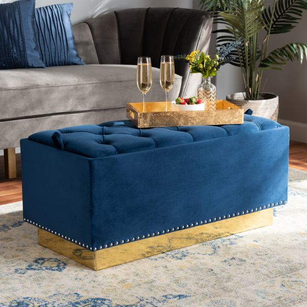 Powell Glam and Luxe Navy Blue Velvet Fabric Upholstered and Gold PU Leather Storage Ottoman