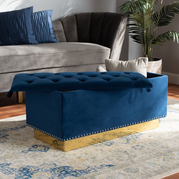 Powell Glam and Luxe Navy Blue Velvet Fabric Upholstered and Gold PU Leather Storage Ottoman