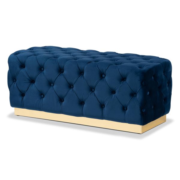 Corrine Glam and Luxe Navy Blue Velvet Fabric Upholstered and Gold PU Leather Ottoman