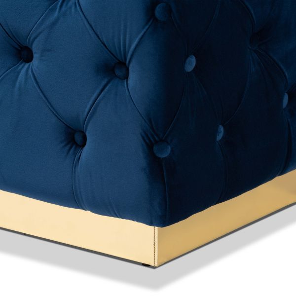 Corrine Glam and Luxe Navy Blue Velvet Fabric Upholstered and Gold PU Leather Ottoman