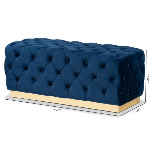 Corrine Glam and Luxe Navy Blue Velvet Fabric Upholstered and Gold PU Leather Ottoman