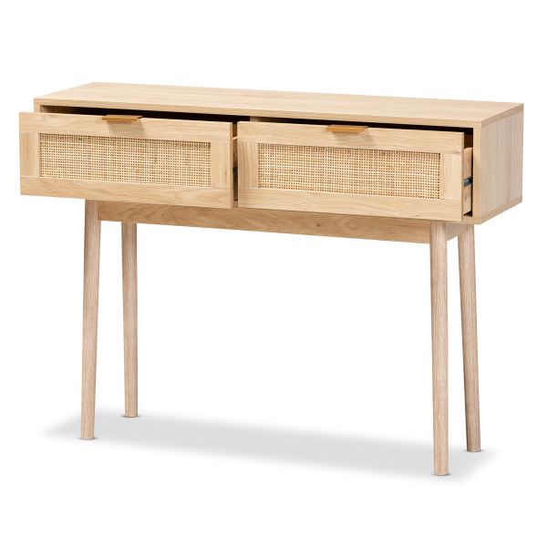 Baird Mid-Century Modern Light Oak Brown Finished Wood and Rattan 2-Drawer Console Table