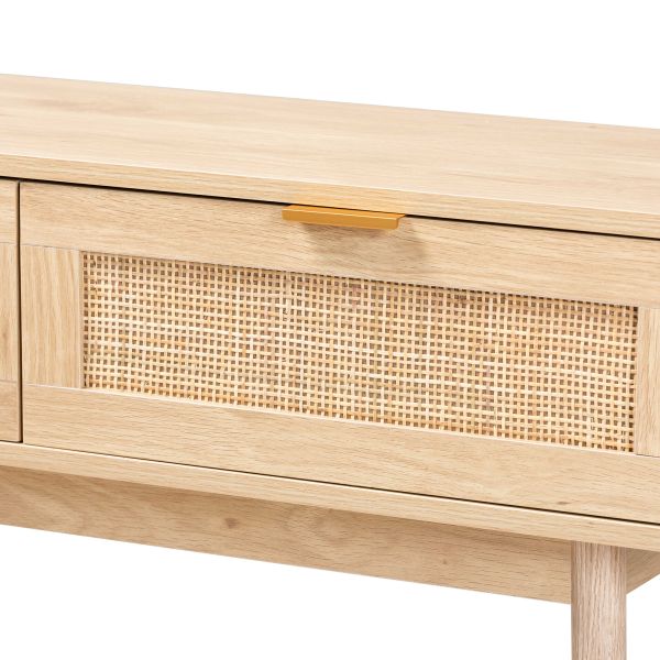 Baird Mid-Century Modern Light Oak Brown Finished Wood and Rattan 2-Drawer Console Table