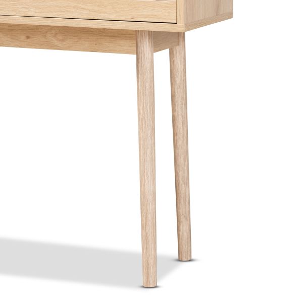 Baird Mid-Century Modern Light Oak Brown Finished Wood and Rattan 2-Drawer Console Table