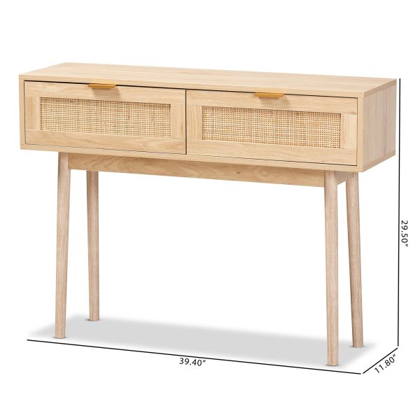 Baird Mid-Century Modern Light Oak Brown Finished Wood and Rattan 2-Drawer Console Table