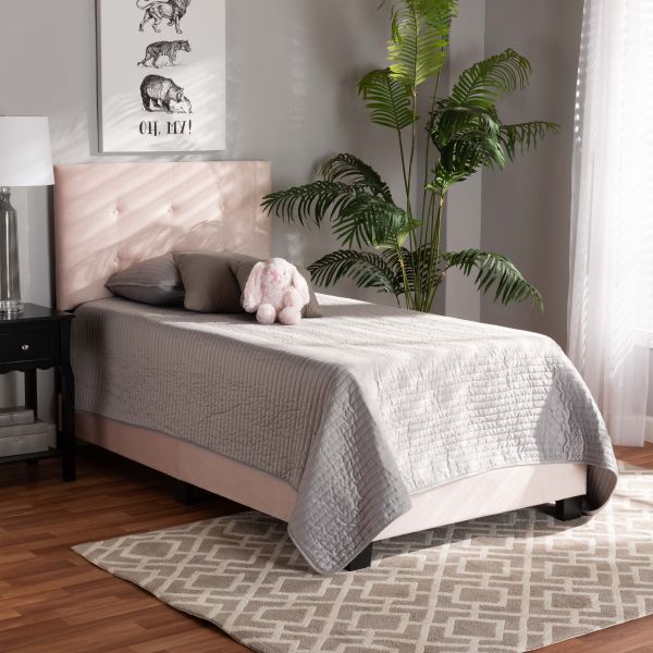 Caprice Modern and Contemporary Glam Light Pink Velvet Fabric Upholstered Twin Size Panel Bed