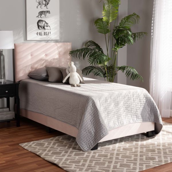 Caprice Modern and Contemporary Glam Light Pink Velvet Fabric Upholstered Twin Size Panel Bed