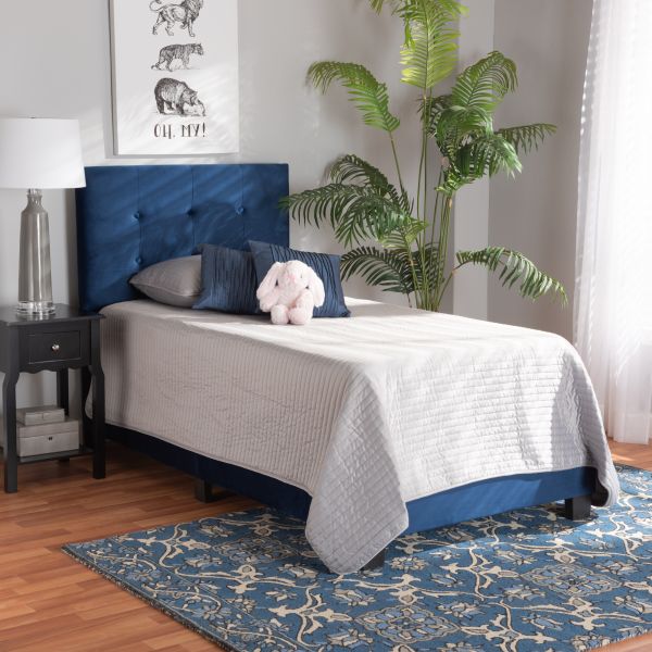 Caprice Modern and Contemporary Glam Navy Blue Velvet Fabric Upholstered Twin Size Panel Bed