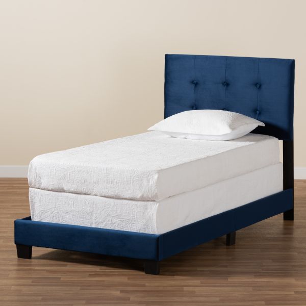 Caprice Modern and Contemporary Glam Navy Blue Velvet Fabric Upholstered Twin Size Panel Bed