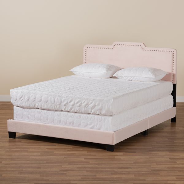 Benjen Modern and Contemporary Glam Light Pink Velvet Fabric Upholstered Full Size Panel Bed