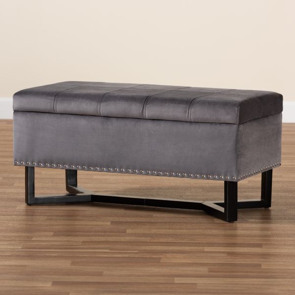 Esther Modern and Contemporary Grey Velvet Fabric Upholstered and Dark Brown Finished Wood Storage Ottoman
