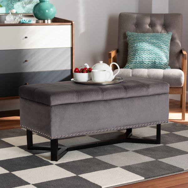 Esther Modern and Contemporary Grey Velvet Fabric Upholstered and Dark Brown Finished Wood Storage Ottoman