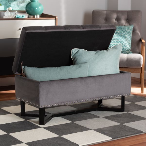 Esther Modern and Contemporary Grey Velvet Fabric Upholstered and Dark Brown Finished Wood Storage Ottoman