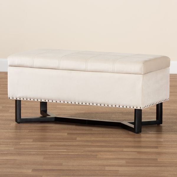 Esther Modern and Contemporary Beige Velvet Fabric Upholstered and Dark Brown Finished Wood Storage Ottoman