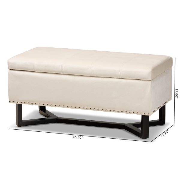 Esther Modern and Contemporary Beige Velvet Fabric Upholstered and Dark Brown Finished Wood Storage Ottoman