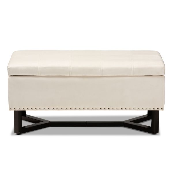 Esther Modern and Contemporary Beige Velvet Fabric Upholstered and Dark Brown Finished Wood Storage Ottoman