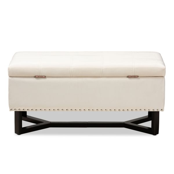Esther Modern and Contemporary Beige Velvet Fabric Upholstered and Dark Brown Finished Wood Storage Ottoman
