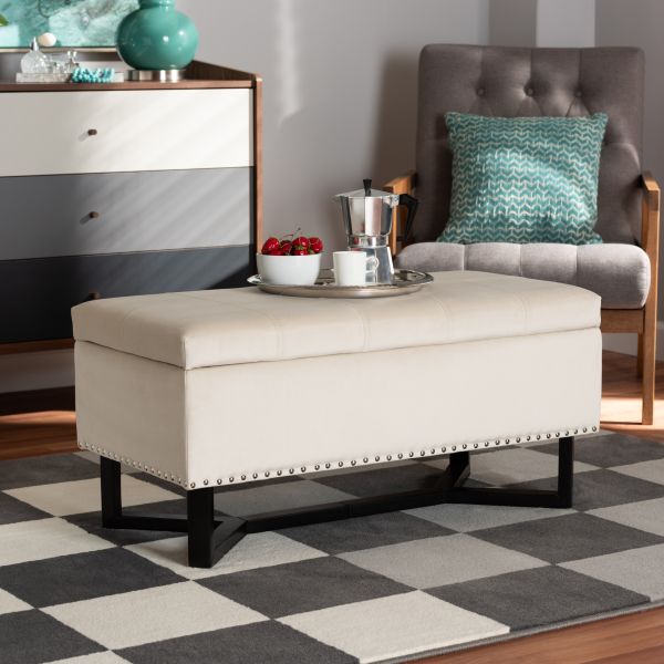 Esther Modern and Contemporary Beige Velvet Fabric Upholstered and Dark Brown Finished Wood Storage Ottoman