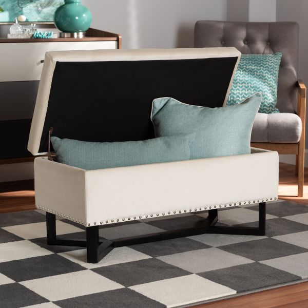 Esther Modern and Contemporary Beige Velvet Fabric Upholstered and Dark Brown Finished Wood Storage Ottoman