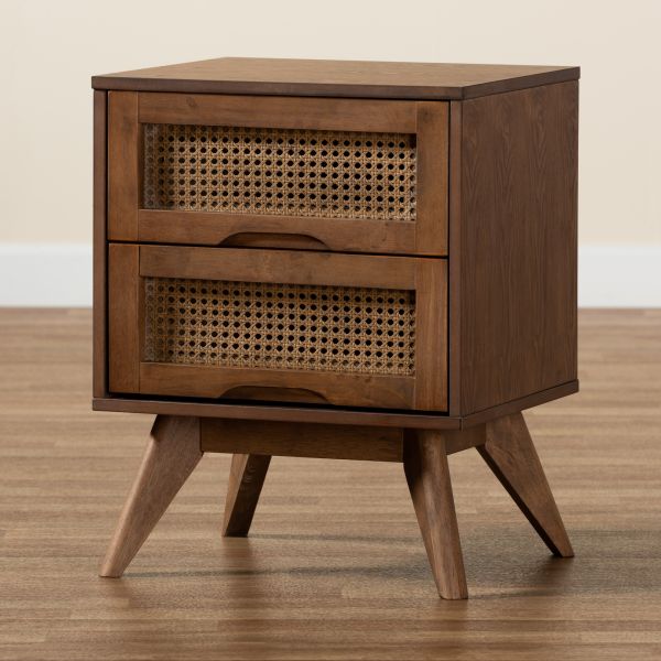Barrett Mid-Century Modern Walnut Brown Finished Wood and Synthetic Rattan 2-Drawer Nightstand