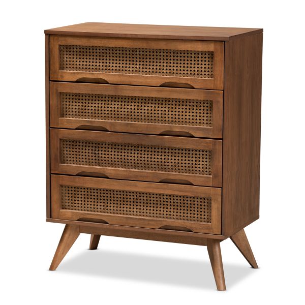 Barrett Mid-Century Modern Walnut Brown Finished Wood and Synthetic Rattan 4-Drawer Chest
