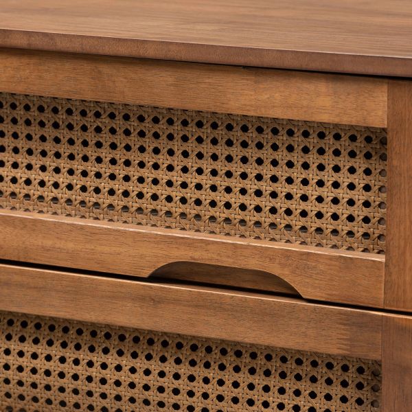 Barrett Mid-Century Modern Walnut Brown Finished Wood and Synthetic Rattan 4-Drawer Chest