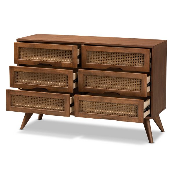 Barrett Mid-Century Modern Walnut Brown Finished Wood and Synthetic Rattan 6-Drawer Dresser