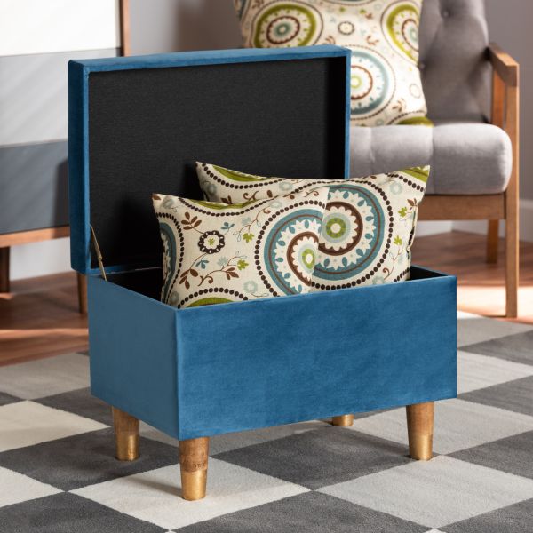 Elias Modern and Contemporary Sky Blue Velvet Fabric Upholstered and Oak Brown Finished Wood Storage Ottoman