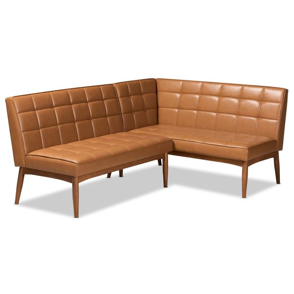 Sanford Mid-Century Modern Tan Faux Leather Upholstered and Walnut Brown Finished Wood 2-Piece Dining Nook Banquette Set
