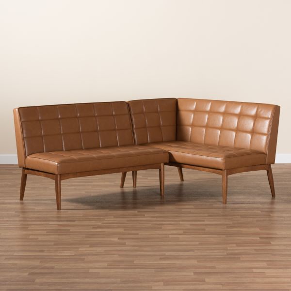 Sanford Mid-Century Modern Tan Faux Leather Upholstered and Walnut Brown Finished Wood 2-Piece Dining Nook Banquette Set