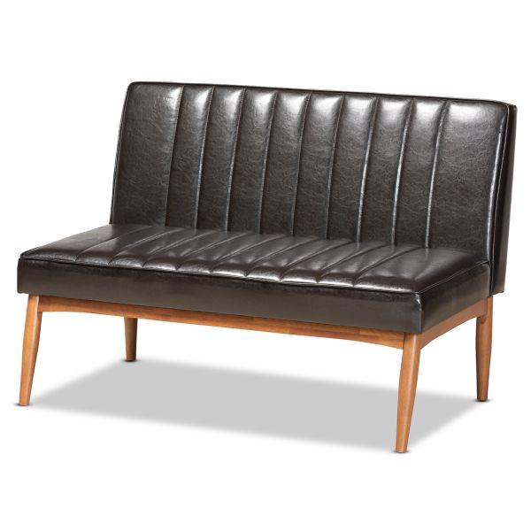 Daymond Mid-Century Modern Dark Brown Faux Leather Upholstered and Walnut Brown Finished Wood 2-Piece Dining Nook Banquette Set