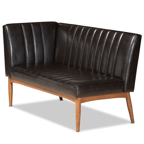 Daymond Mid-Century Modern Dark Brown Faux Leather Upholstered and Walnut Brown Finished Wood 2-Piece Dining Nook Banquette Set