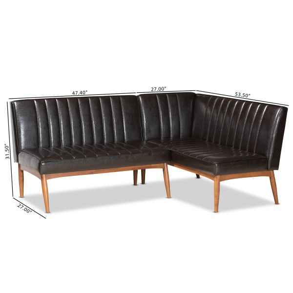 Daymond Mid-Century Modern Dark Brown Faux Leather Upholstered and Walnut Brown Finished Wood 2-Piece Dining Nook Banquette Set