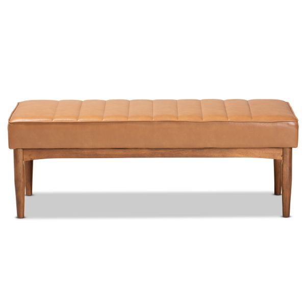 Daymond Mid-Century Modern Tan Faux Leather Upholstered and Walnut Brown Finished Wood Dining Bench
