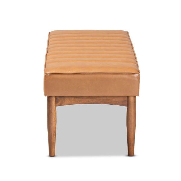Daymond Mid-Century Modern Tan Faux Leather Upholstered and Walnut Brown Finished Wood Dining Bench