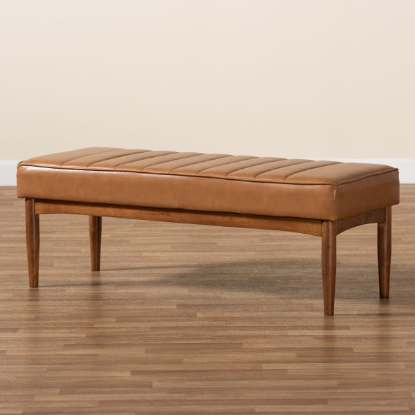 Daymond Mid-Century Modern Tan Faux Leather Upholstered and Walnut Brown Finished Wood Dining Bench