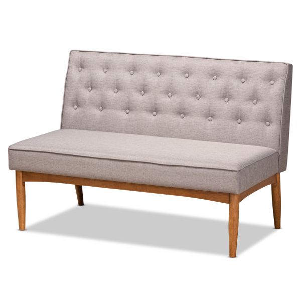Riordan Mid-Century Modern Grey Fabric Upholstered and Walnut Brown Finished Wood 2-Piece Dining Nook Banquette Set