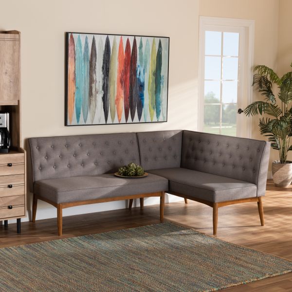 Riordan Mid-Century Modern Grey Fabric Upholstered and Walnut Brown Finished Wood 2-Piece Dining Nook Banquette Set